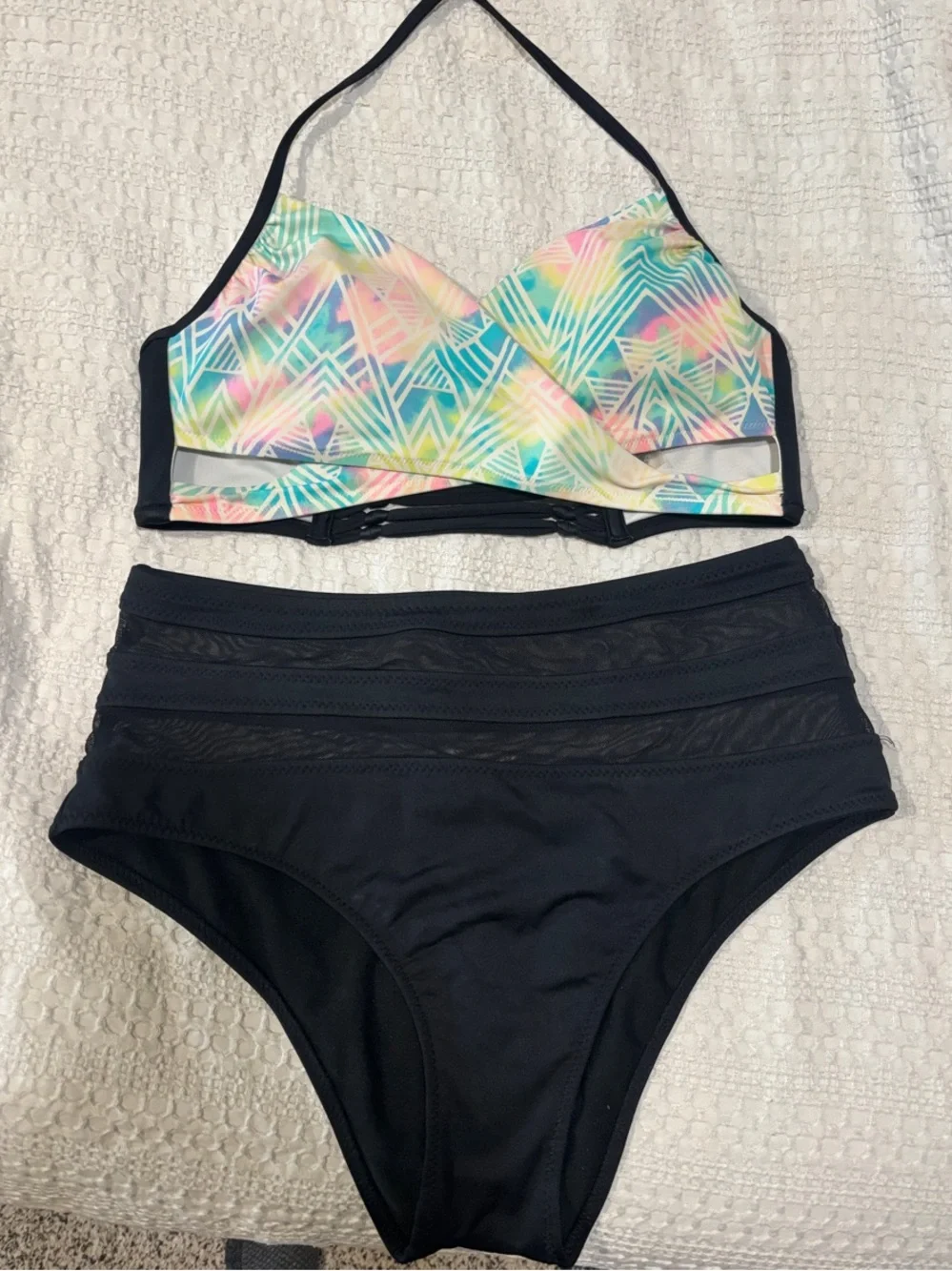 High-Waist Two-Piece Swim Set with Pastel Geometric Top and Black Bottom